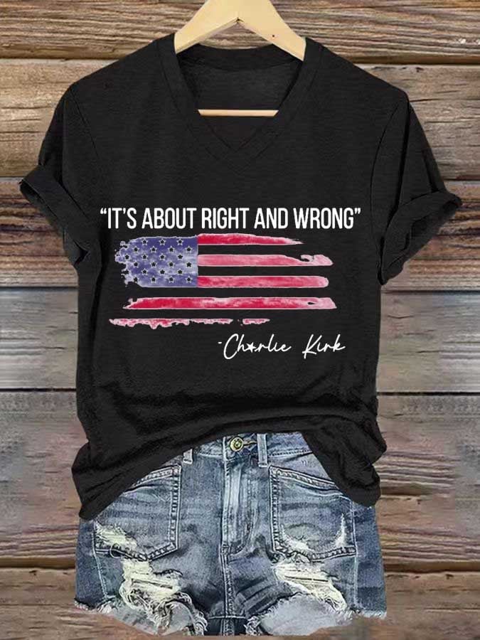 Women's IT'S ABOUT RIGHT AND WRONG Print V-Neck T-Shirt