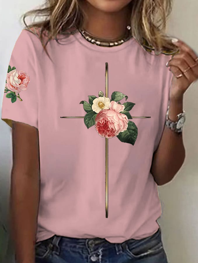 Women's Vintage Floral Metal Cross Print Short Sleeve T-Shirt