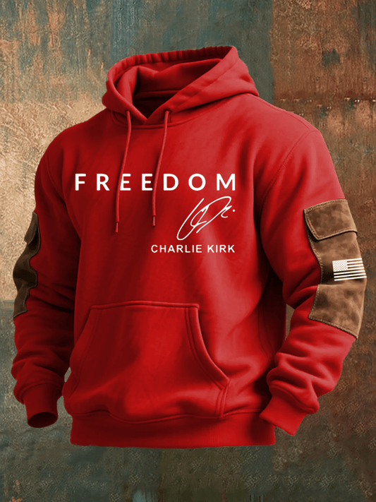 Men's Freedom Print Multi-Pocket Hooded Sweatshirt
