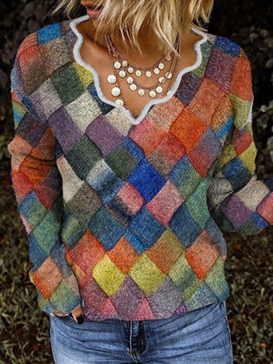 Casual Wave Collar Block Print Plush Top