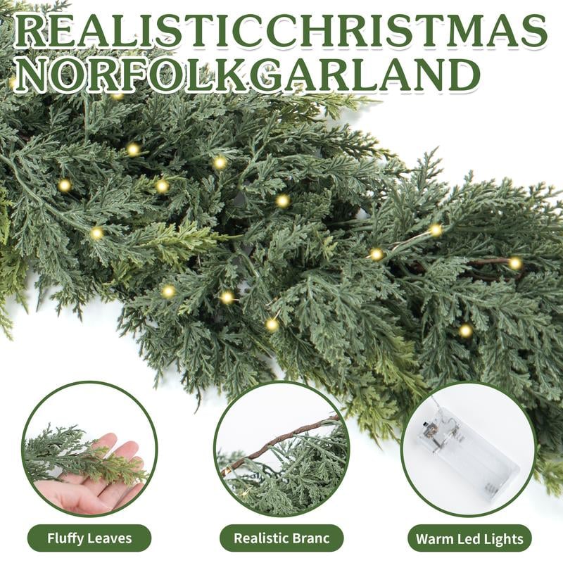 2PCS 6FT Pre-lit Christmas Cedar Garland with  LED Lights Realistic Faux Greenery for Fireplace Table Mantle Wall Indoor Outdoor Winter Holiday Decorations Ornaments