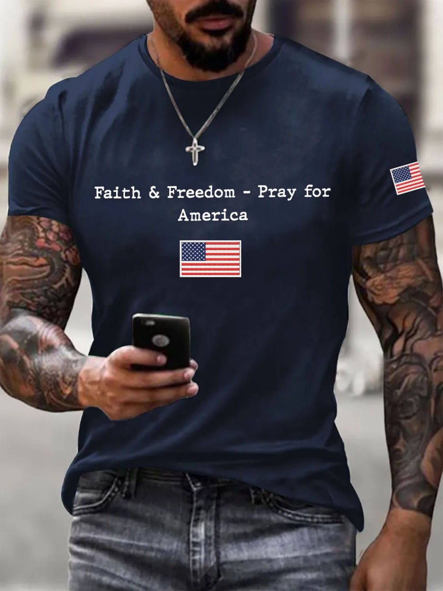 Men's Faith And Freedom Pray For America Printed Round Neck T-Shirt