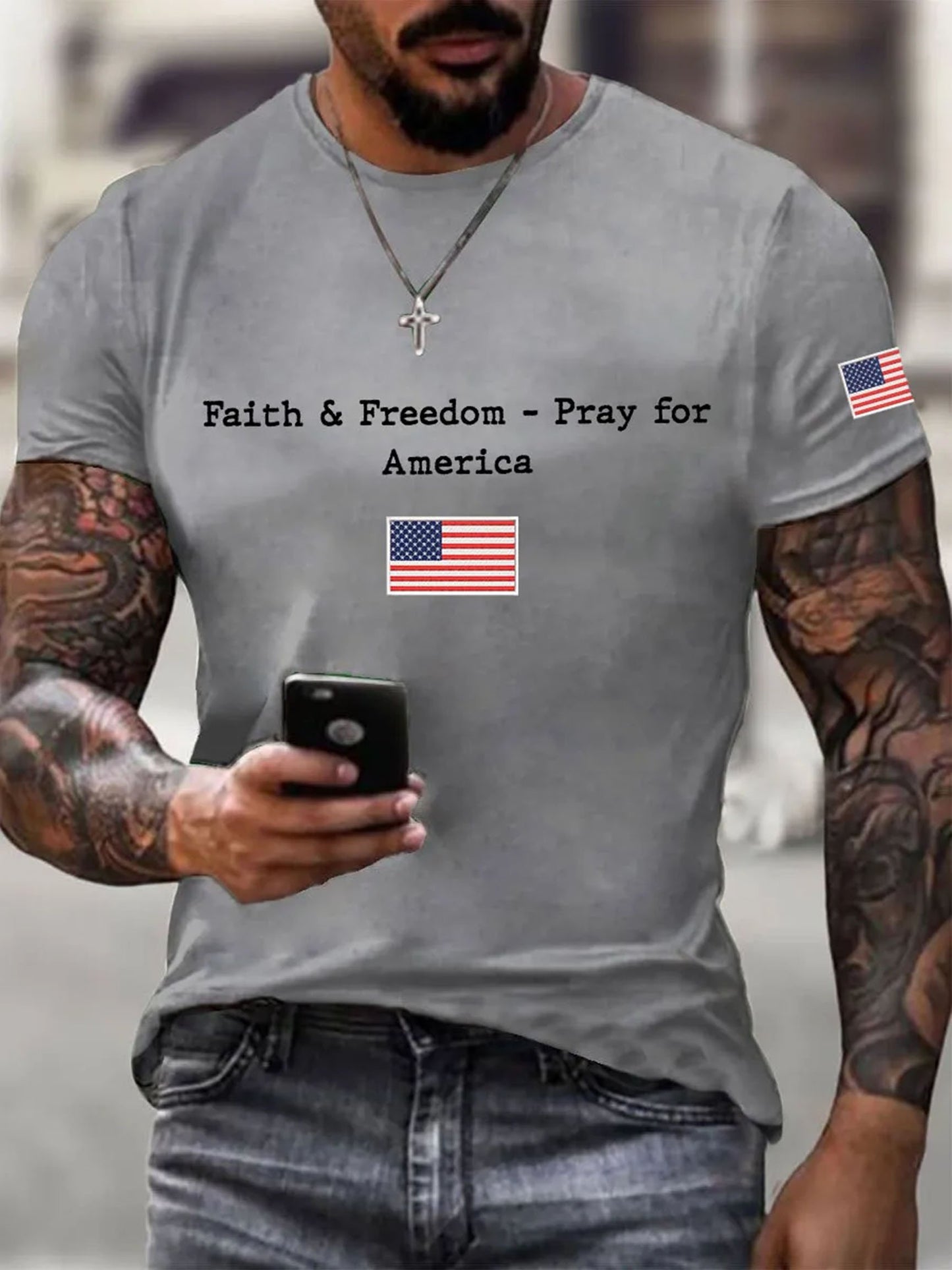Men's Faith And Freedom Pray For America Printed Round Neck T-Shirt