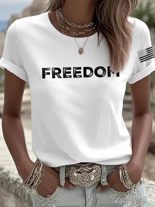 Women's Freedom American Flag Print Casual T-shirt