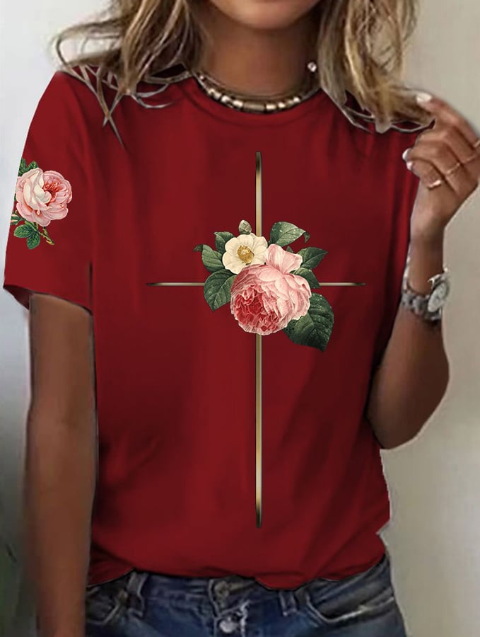 Women's Vintage Floral Metal Cross Print Short Sleeve T-Shirt