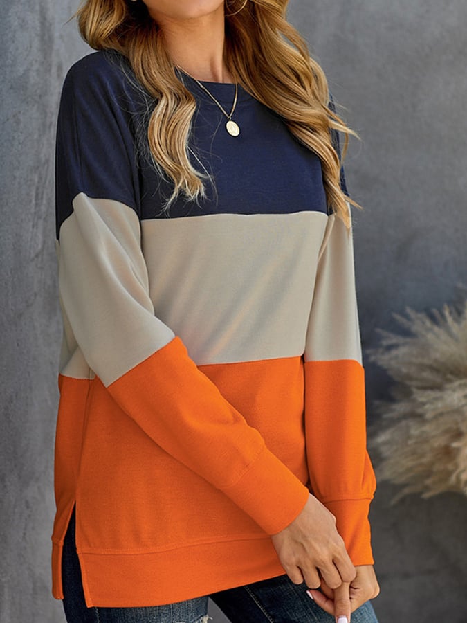 Fashion Color Contrast Splicing Loose Long-Sleeved Sweater