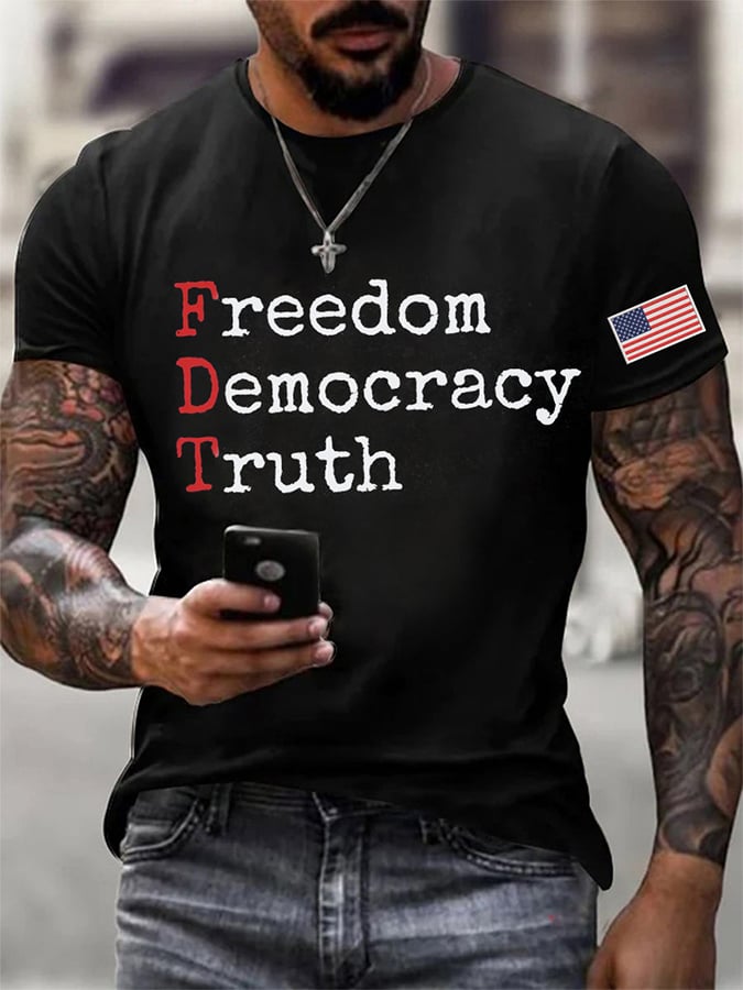Men's Freedom Democracy Truth Print Round Neck T-Shirt