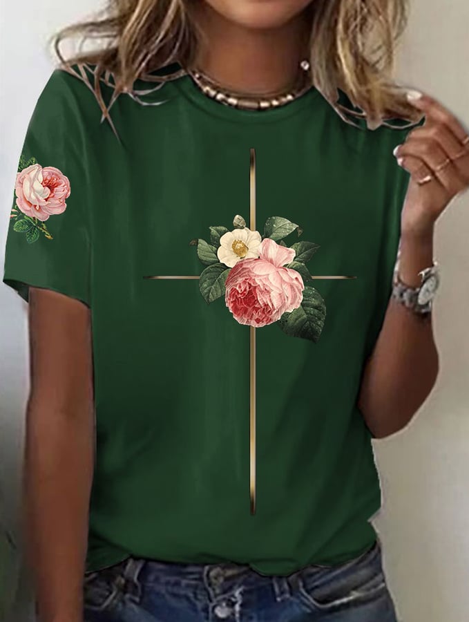 Women's Vintage Floral Metal Cross Print Short Sleeve T-Shirt