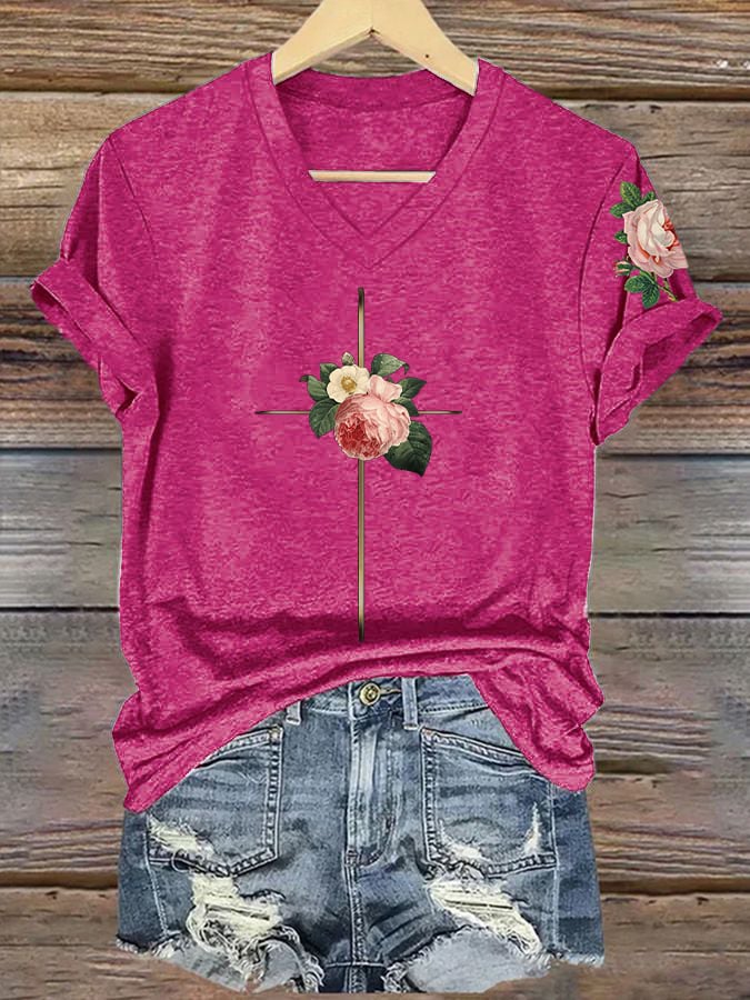 Women's Vintage Floral Metal Cross Print Short Sleeve T-Shirt