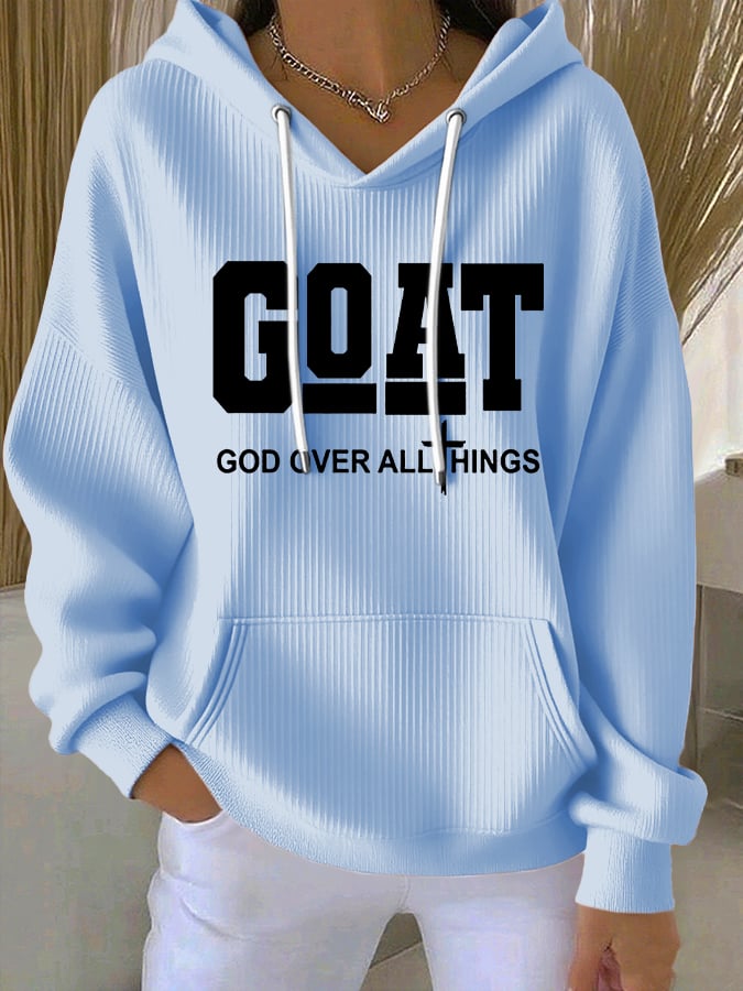 Women's Vintage Faith Goat God Over All Things Printed Casual Ribbed Hoodie