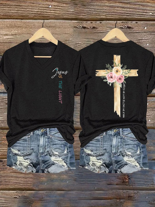 Women's faith cross JESUS IS THE LIGHT printed V-neck T-shirt
