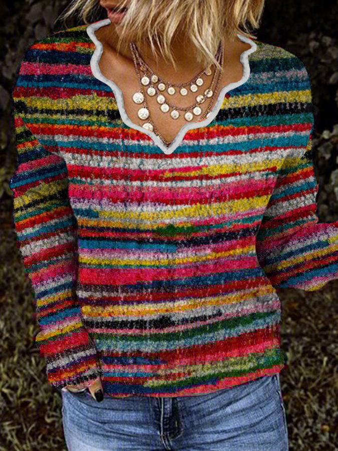 Asual Wave Collar Colorful Striped Printed Plush Top
