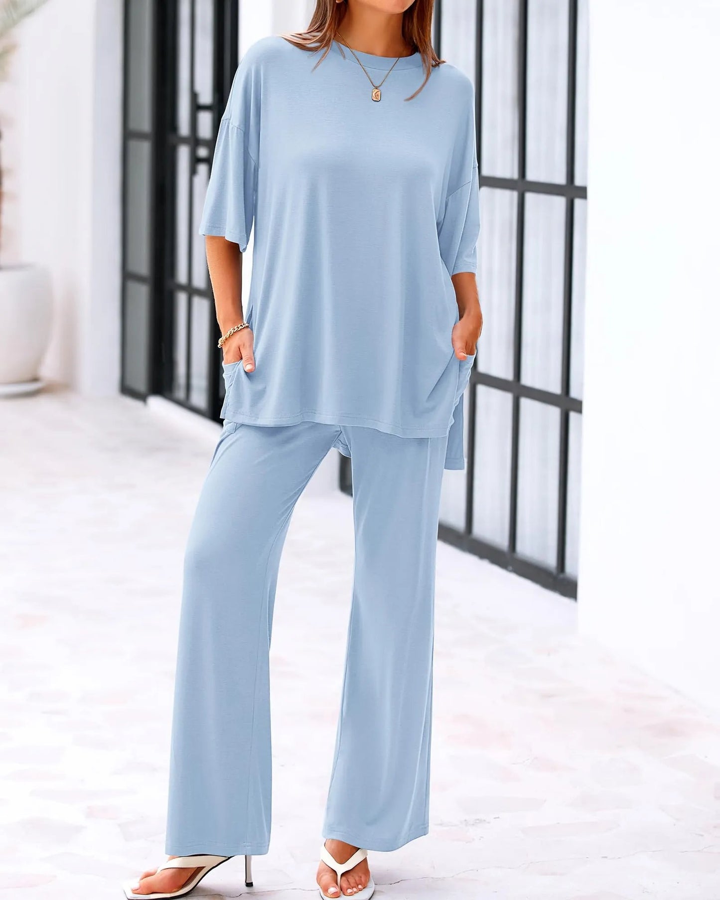 Casual 2-Piece Loose-Fit Short Sleeve Top & Wide-Leg Pants Set with Pockets