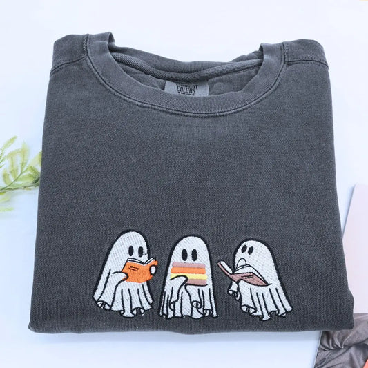 Halloween Ghost Book Shirt, Embroidered GIft for Spooky Season, Halloween Gift