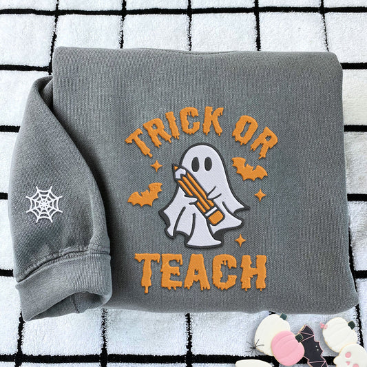 Embroidered Trick or Teach Halloween T-Shirt or Sweatshirt