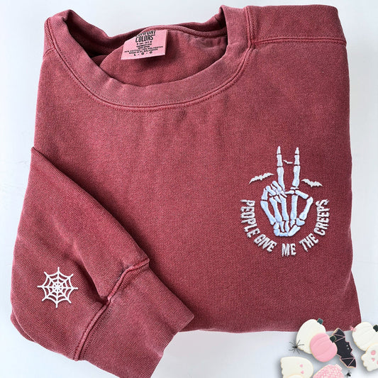 Embroidered Halloween People Give Me The Creeps Skeleton Hand T-Shirt or Sweatshirt