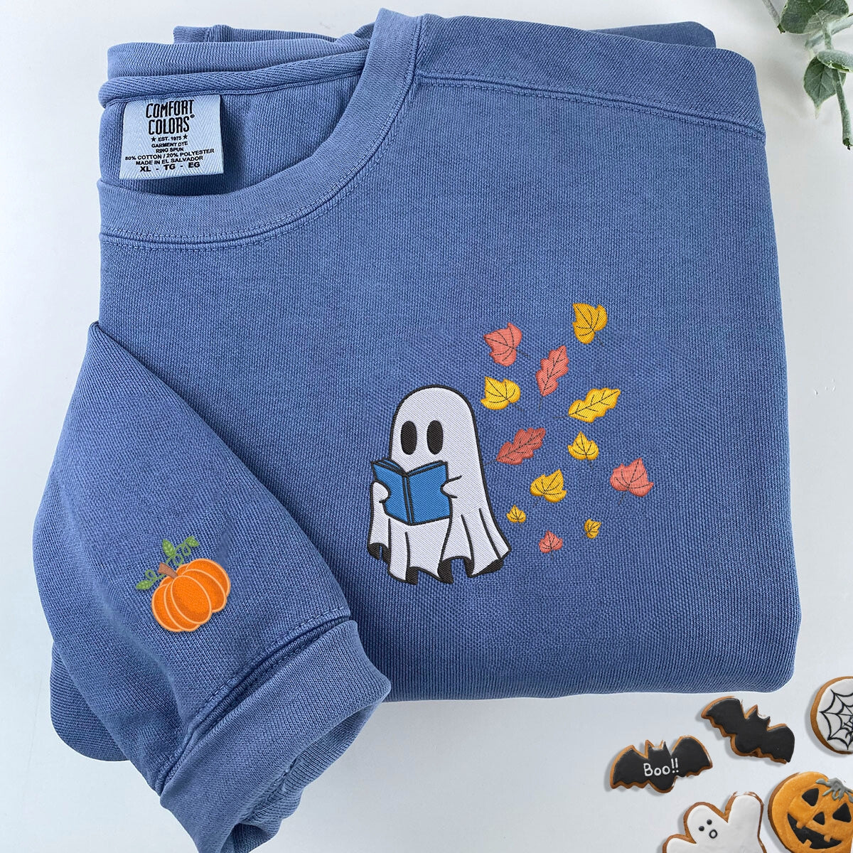 Embroidered Halloween Ghost Book Lover T-Shirt or Sweatshirt
