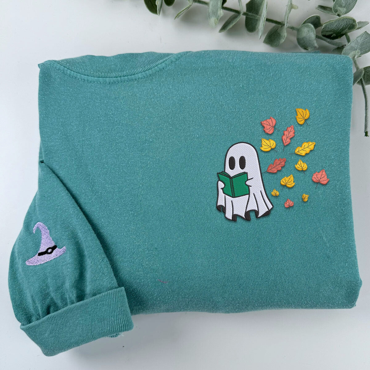 Embroidered Halloween Ghost Book Lover T-Shirt or Sweatshirt